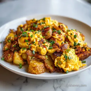 Breakfast Idea with Scrambled Eggs: One-Skillet Chorizo Hash Recipe Card