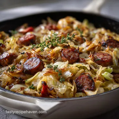 Fried Cabbage and Sausage Recipe Easy Skillet Dinner Recipe Card