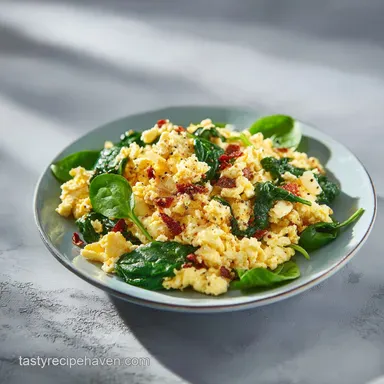 High Protein Breakfast with Scrambled Eggs and Spinach in 15 Min Recipe Card