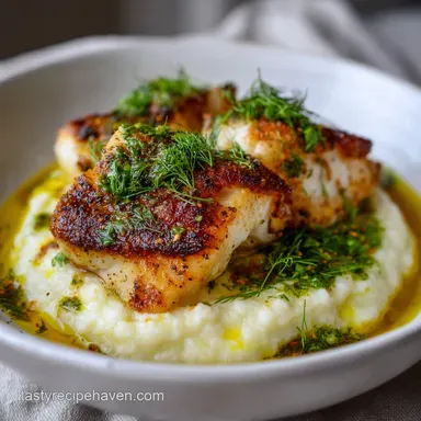Low Histamine Dishes: Pan-Seared Cod with Creamy Cauliflower Pur&eacute;e Recipe Card