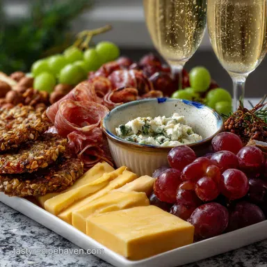 Beautiful New Years Eve Charcuterie Board with Sparkling Grapes Recipe Card