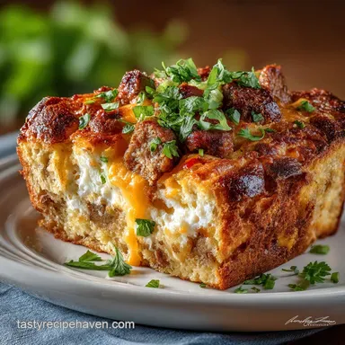 Breakfast Casserole: Overnight Sausage, Cheddar Brioche Bake Recipe Card