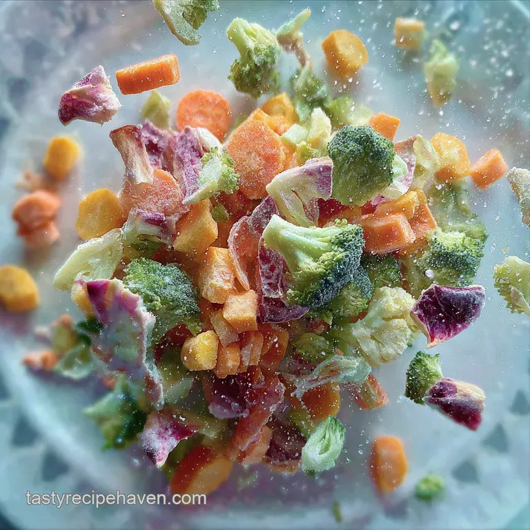 Steaming colorful air-fried veggies artfully arranged on a white plate; bell peppers and broccoli, a touch of fresh herbs ...
