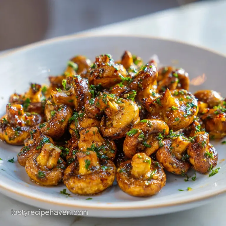 A delicate pile of air-fried mushrooms plated artfully. Notice the caramelized edges and subtle steam, suggesting a savory...