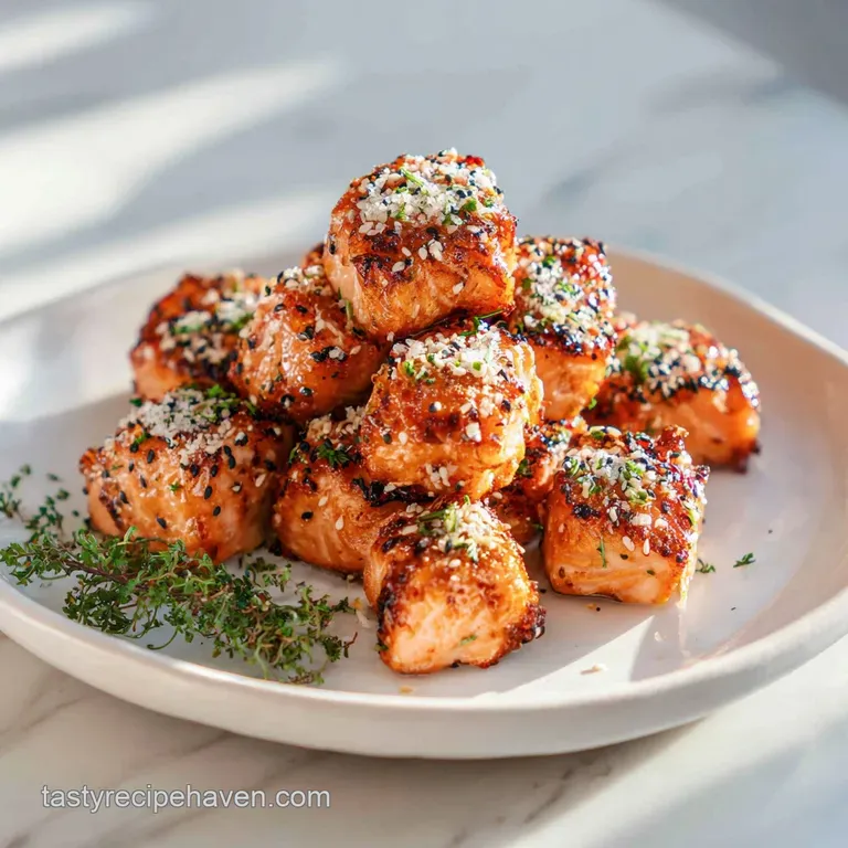 Perfectly glazed salmon bites arranged artfully on a bed of fluffy white rice with bright green scallions.