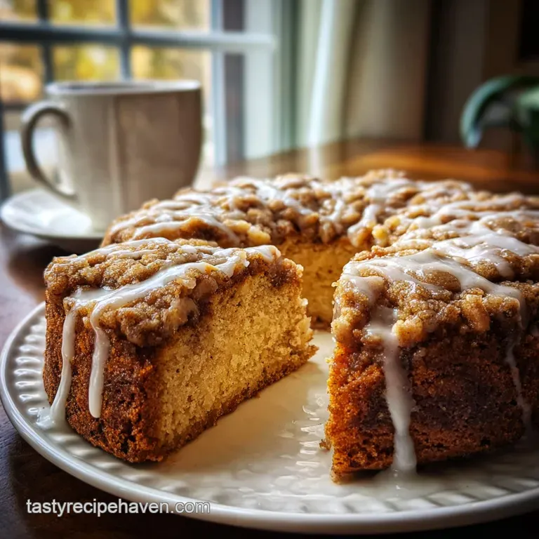 Slice of moist coffee cake with a tender crumb, displayed on a plate. Streusel topping glistens, inviting a sweet, spiced ...