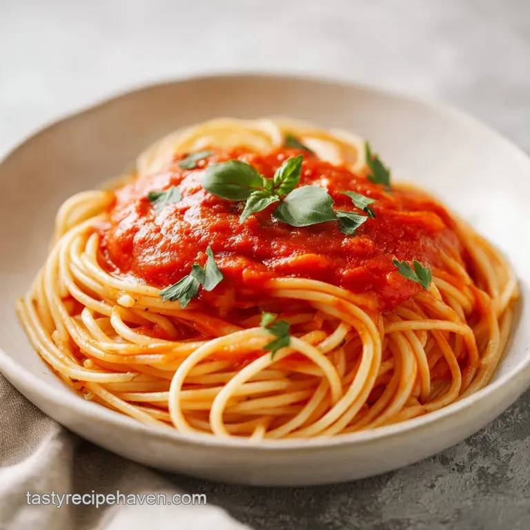 A swirl of bright red tomato sauce coats al dente pasta in a white bowl, sprinkled with fresh basil and a dusting of parme...