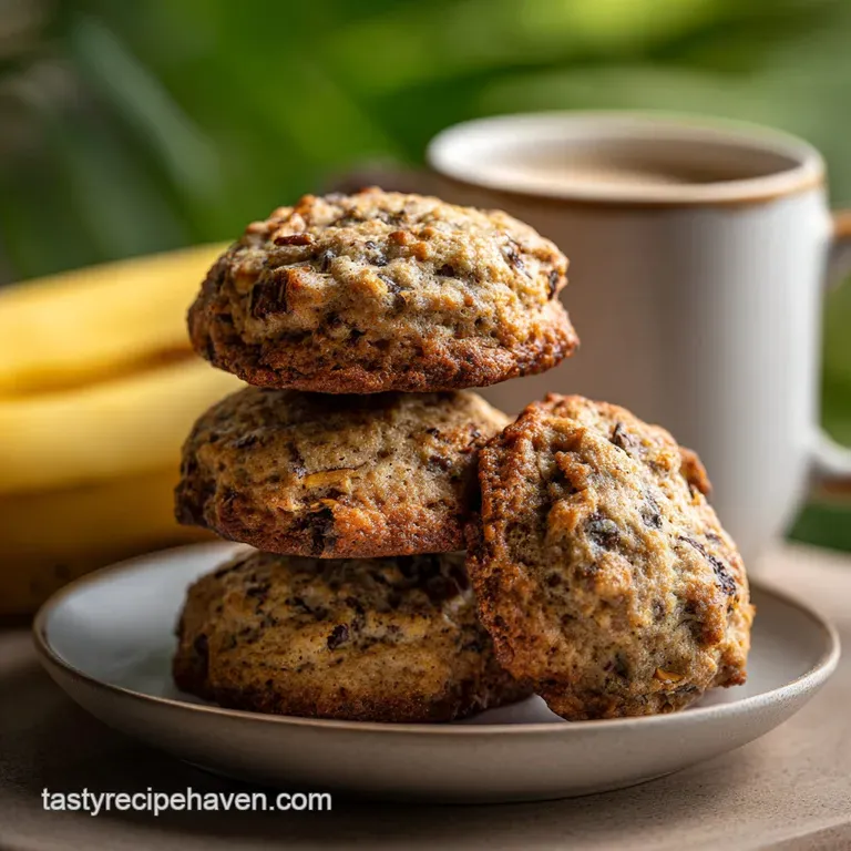 Stack of warm banana bread cookies drizzled with glaze, against a rustic wooden backdrop. Evokes feelings of comfort and w...
