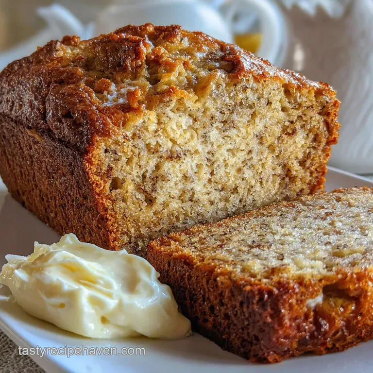 Thick slice of banana bread on a white plate, dusted with powdered sugar. A sprig of mint adds a touch of freshness.