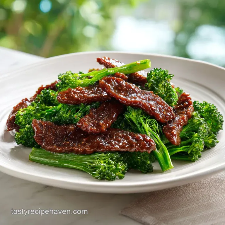 Sliced seared beef and vibrant green broccoli arranged on a white plate, finished with a sprinkle of white sesame seeds.