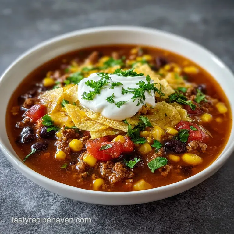 A steaming bowl of rich taco soup, garnished with fresh cilantro, shredded cheese, and crispy tortilla strips. Spoon resti...