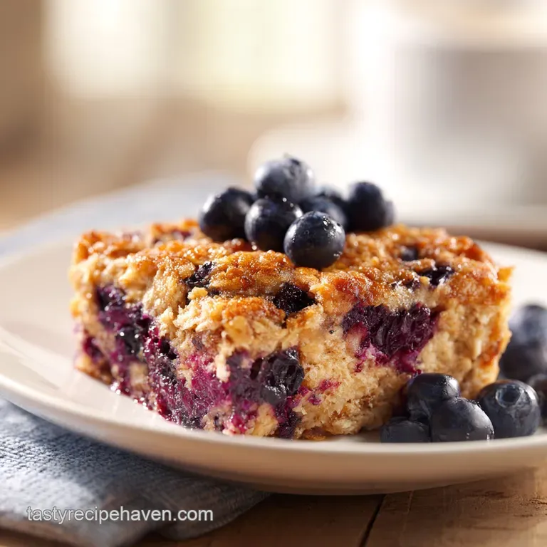 Toasted oat square topped with a drizzle of amber syrup and fresh blueberries on a minimalist white plate.