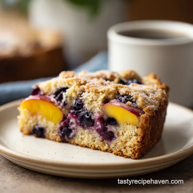 Slice of warm coffee cake revealing peaches and blueberries, dusted with powdered sugar on a white plate. A comforting del...