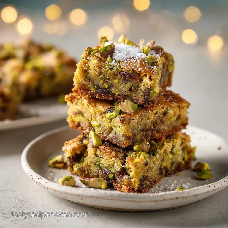 A thick slice of pistachio cookie bar, revealing chewy interior, dusted with powdered sugar.