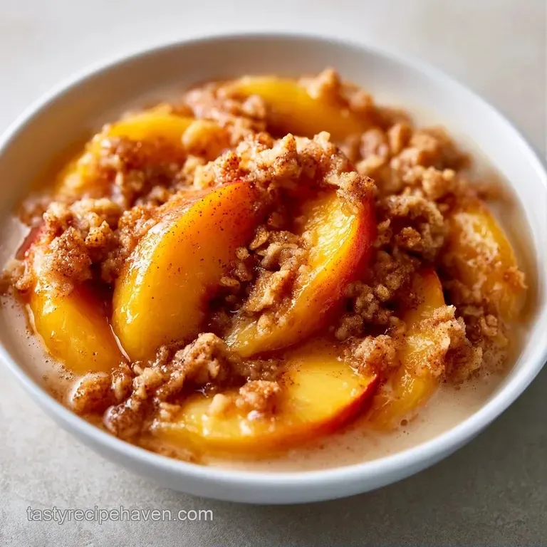 A scoop of melting vanilla ice cream atop a warm slice of golden peach crumble on a white ceramic plate.