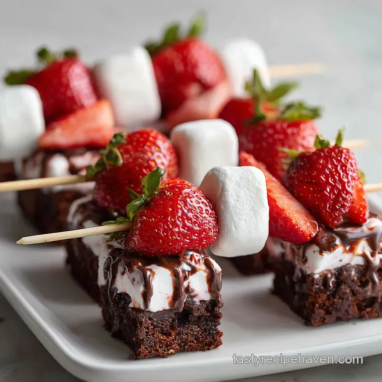 Brownie and strawberry skewers elegantly arranged in a glass with chocolate sauce drizzled over them, ready to be enjoyed.