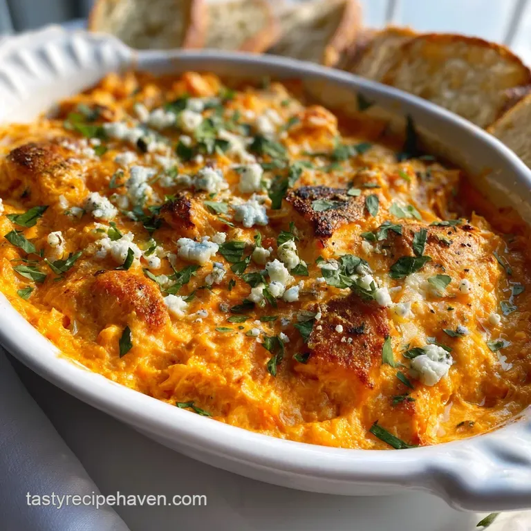 Individual ramekin of bubbly buffalo chicken dip, browned and cheesy, served with crisp celery sticks for dipping and a sp...