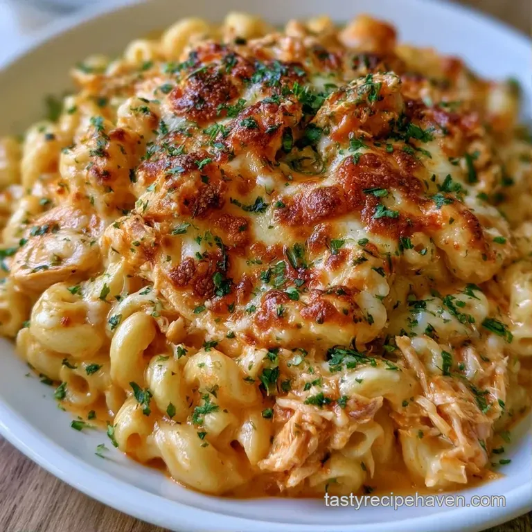 Neatly plated macaroni in glossy buffalo sauce, topped with shredded chicken, parsley, and crisp golden crumbs.
