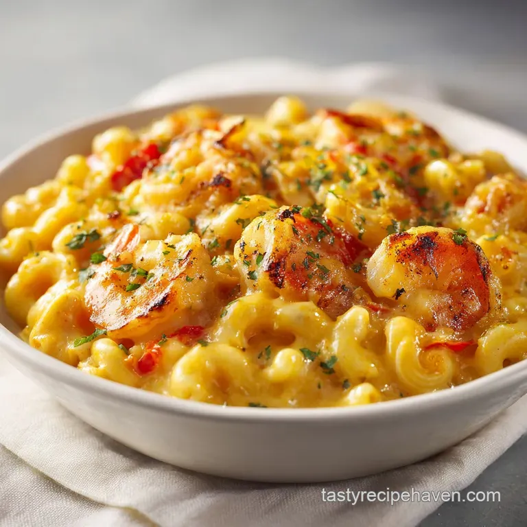 A golden, bubbly mound of shrimp macaroni and cheese served in a rustic cast-iron skillet.
