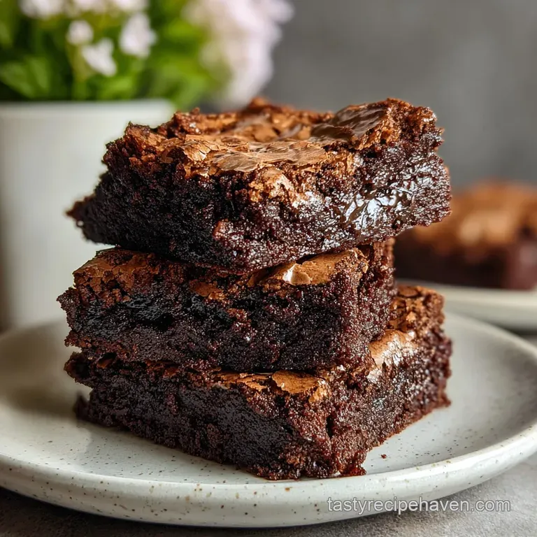 Stack of decadent brownies, layered high with a dusting of powdered sugar & a scattering of chocolate chips.