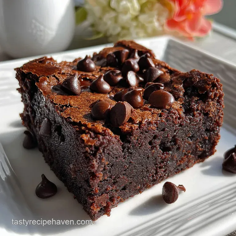 A glossy, rich brownie, cut into neat squares, arranged on a white plate with a dusting of powdered sugar.