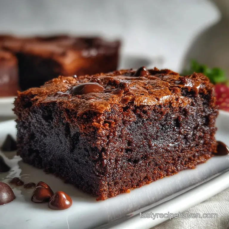 Glossy brownie square on a white plate. Chocolate sauce drizzle, powdered sugar dusting, and fresh raspberries add pops of...