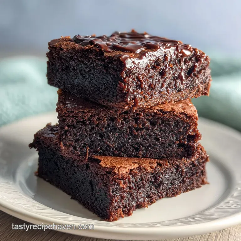 Rich, dark brownie square on a white plate dusted with cocoa powder, next to a scoop of melting vanilla ice cream.