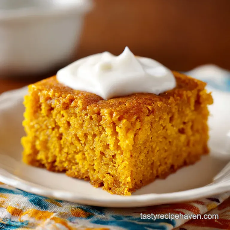 Slice of moist pumpkin bar on a white plate, accented by whipped cream and a dusting of cinnamon.