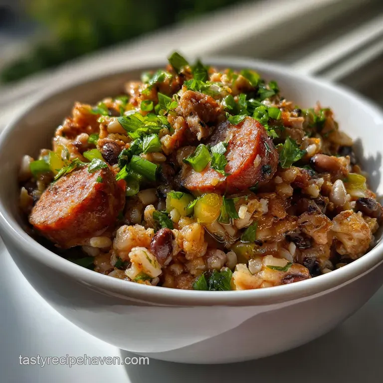 Elegant portion of Hoppin' John on a white plate, showcasing the fluffy rice, tender peas, and smoky ham, with a sprig of ...