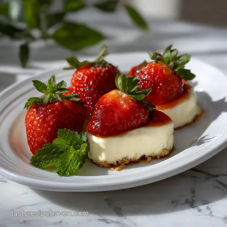 Elegant arrangement of cheesecake-stuffed strawberries on a white plate, drizzled with chocolate sauce, garnished with min...