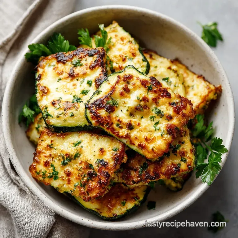 Two thick, charred zucchini slices topped with bubbling cheese and herbs on a white ceramic plate with a lemon wedge.