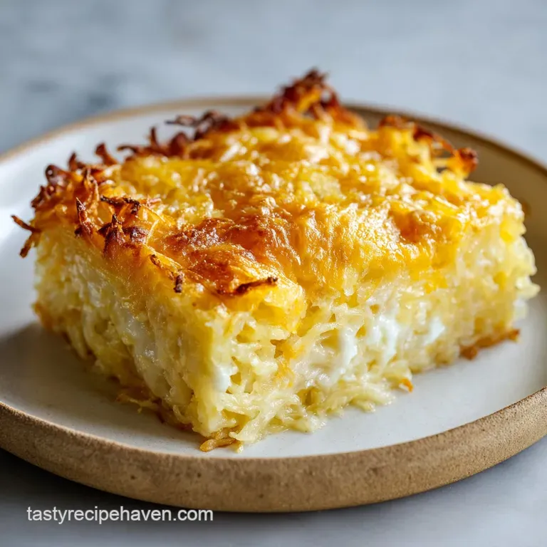 Individual serving of golden hashbrown casserole, plated with a sprig of parsley, showcasing the crispy top and creamy int...