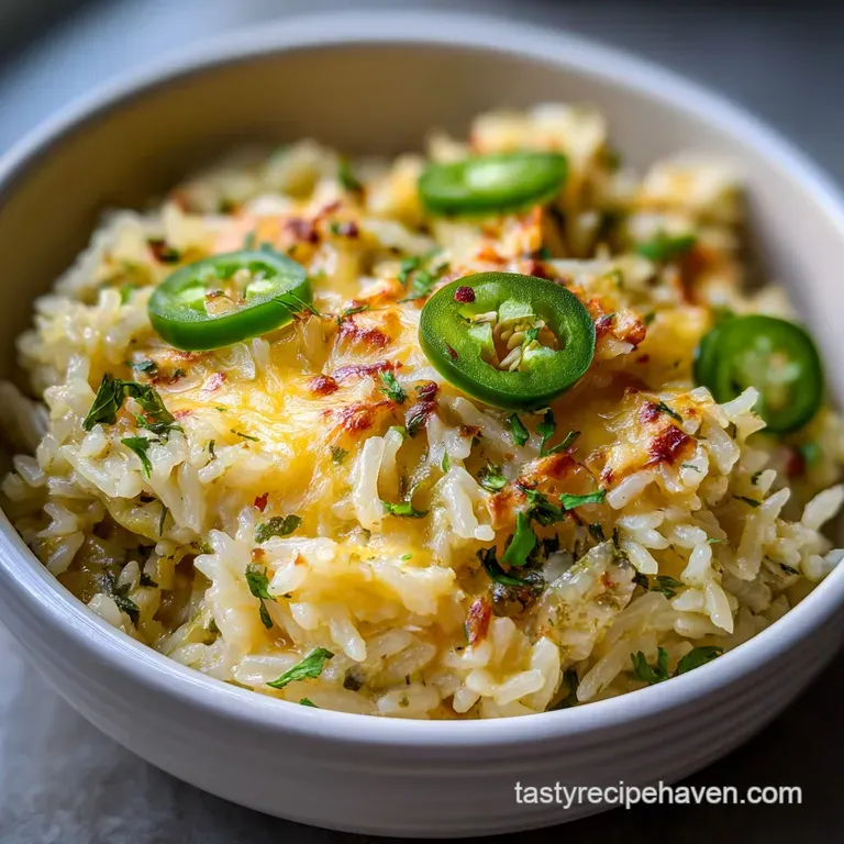 A scoop of cheesy jalapeno rice, steam rising, next to a crispy tortilla chip. Cilantro sprig adds freshness to the creamy...