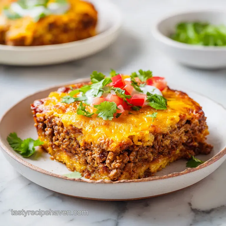 A slice of cheesy taco bake, golden-brown and slightly browned, served with a dollop of sour cream.