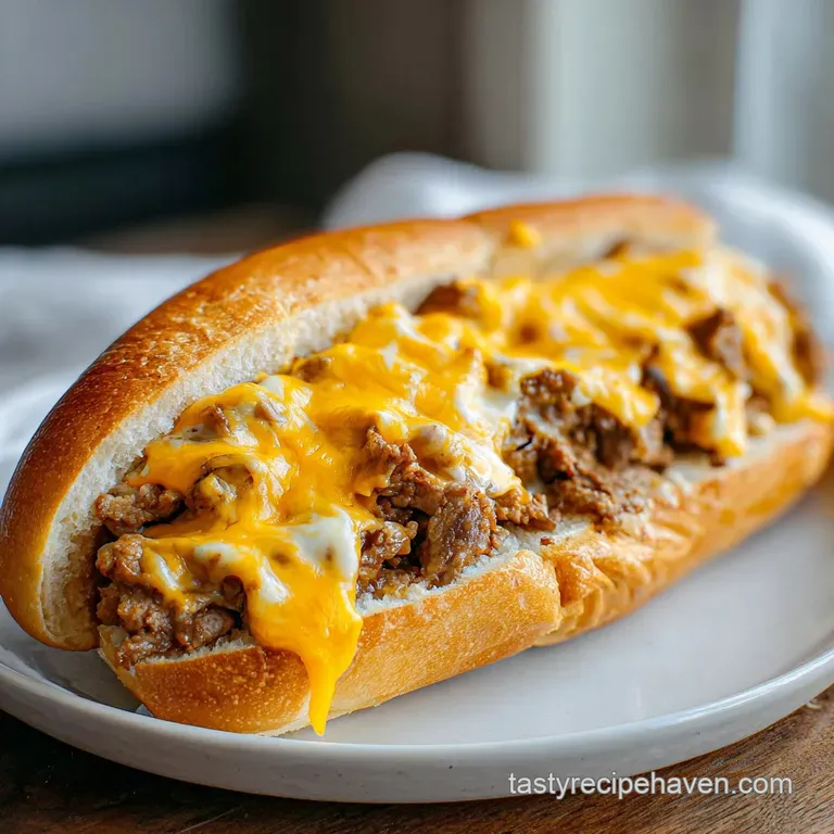 A Philly cheesesteak sandwich cut in half showcases layers of juicy steak, melted provolone, and tender sauteed peppers an...