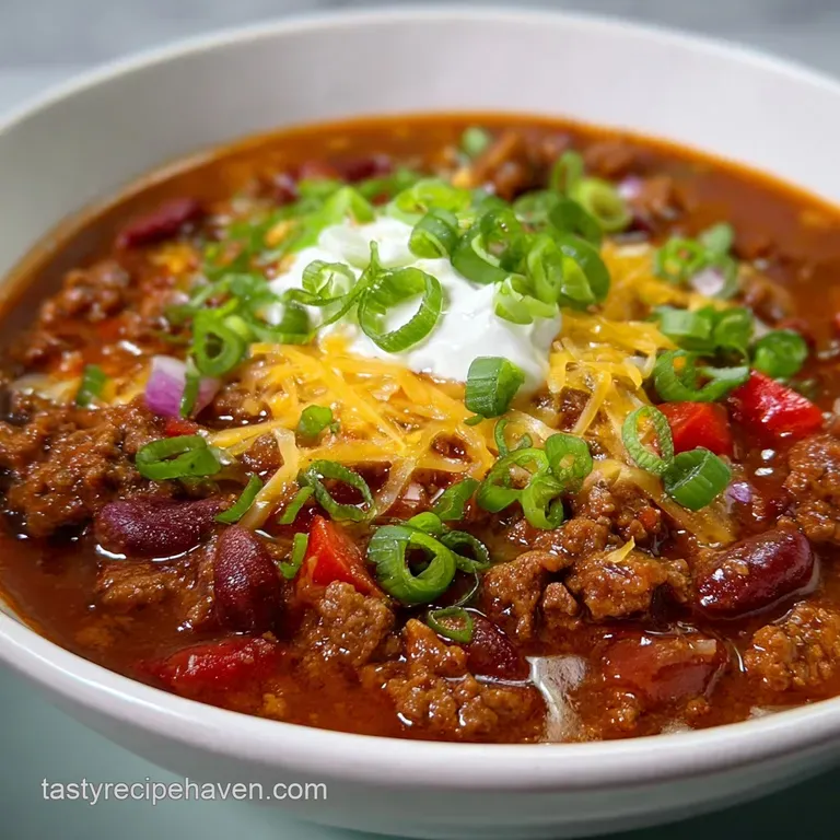 A scoop of rich chili ladled into a rustic bowl, topped with a dollop of sour cream and chopped green onions for a fresh f...