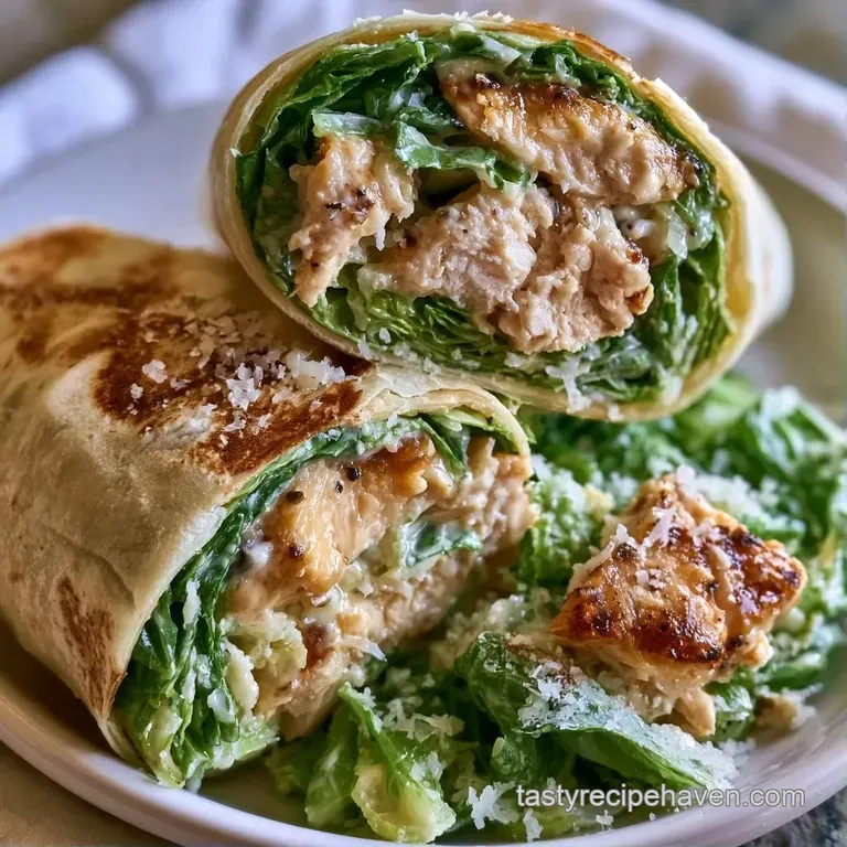 Two diagonally sliced wraps showing juicy chicken and greens, served on a white platter with a side of lemon wedges.