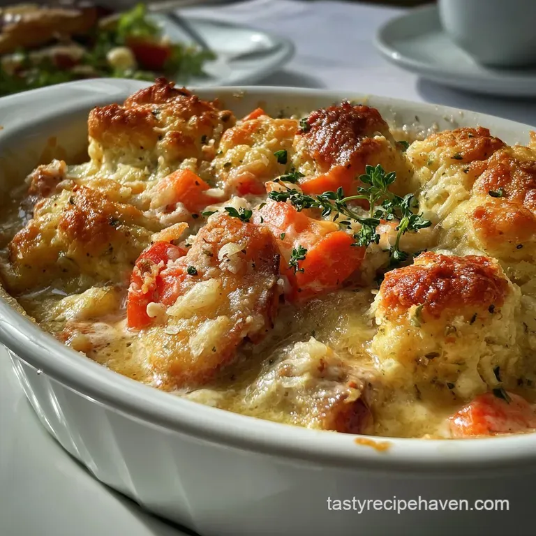 Creamy chicken casserole with a golden, crisp cracker topping, served in a white dish, garnished with fresh parsley, invit...