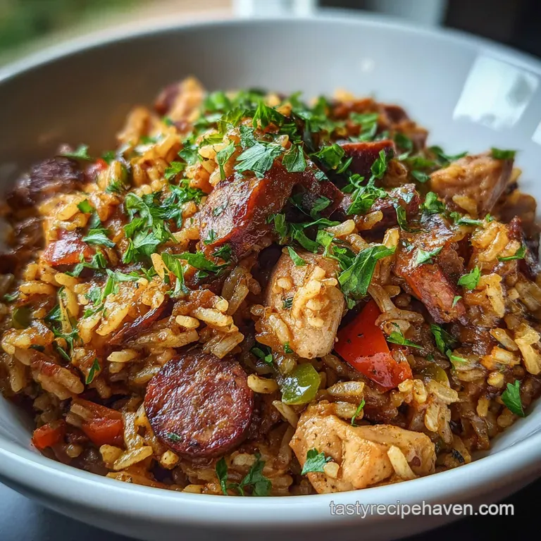 Plated jambalaya with vibrant green scallions. Steaming hot with visible spices. The rich, dark sauce glistens over the rice.