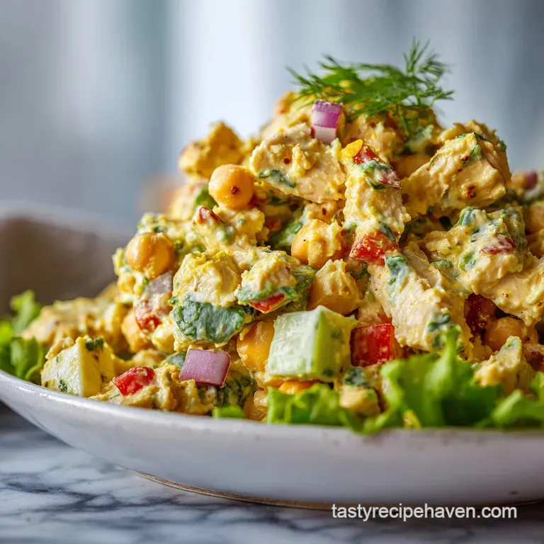 Elegant plate with a generous scoop of chickpea chicken salad. Celery and fresh herbs provide color, texture, and visual a...