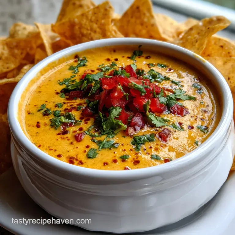 Creamy, molten queso served in a rustic bowl. Topped with pico de gallo & cilantro, next to vibrant, crunchy tortilla chip...