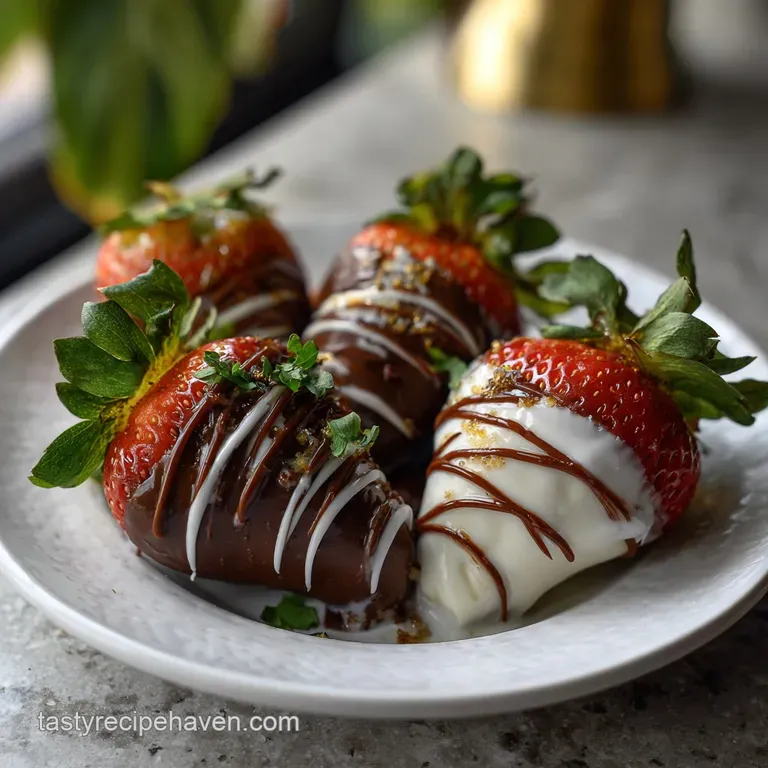 A tower of chocolate-dipped strawberries on a white plate, with a dusting of cocoa powder; elegant, simple dessert.