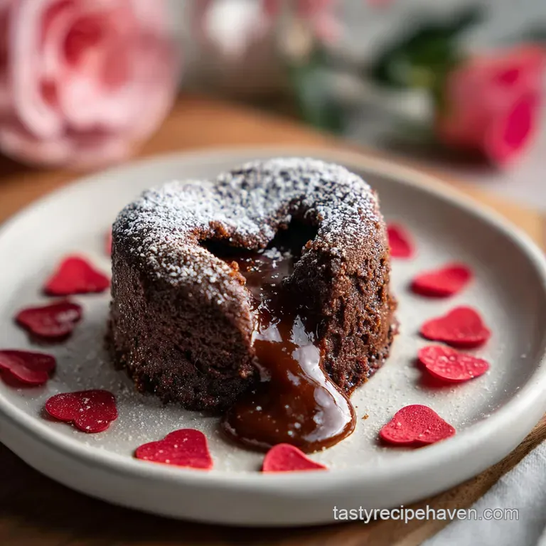 Warm chocolate lava cake oozing onto a plate, paired with bright red raspberries and a light dusting of confectioner&rsquo;s sugar.
