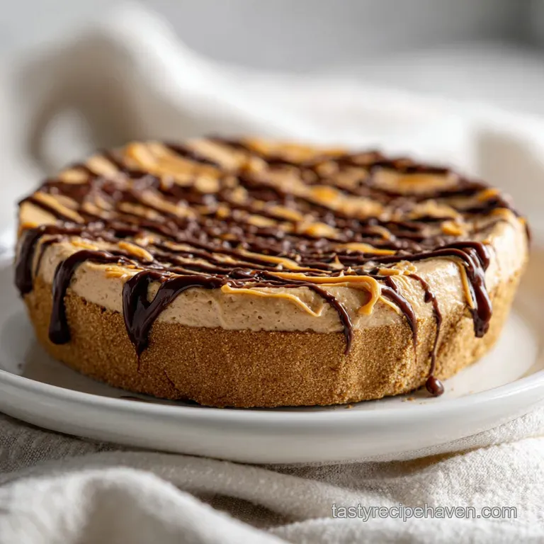 A slice of creamy peanut butter pie, glistening with dark chocolate drizzle, on a white dessert plate.