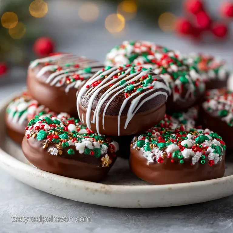 Three glistening Oreo truffles dusted with sugar sparkle on a small white dessert plate, winter holiday treats.