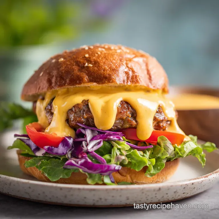 Creamy, pale pink sauce drizzled artfully over a juicy burger patty with visible pickle slices