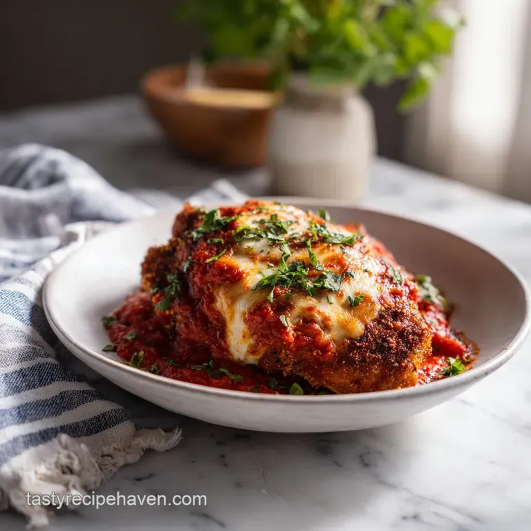 Crispy chicken parmesan artfully arranged with vibrant red marinara and white cheese.