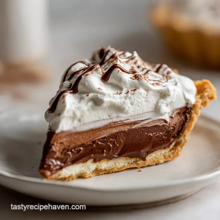 Elegant slice of French silk pie on a white plate, showing the distinct layers of chocolate filling, airy cream, and choco...