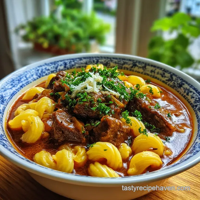 Goulash served in a white bowl, garnished with fresh parsley and a swirl of sour cream, hinting at comforting warmth.