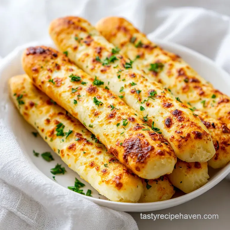 A neat stack of warm breadsticks, glistening with butter and sprinkled with parsley.